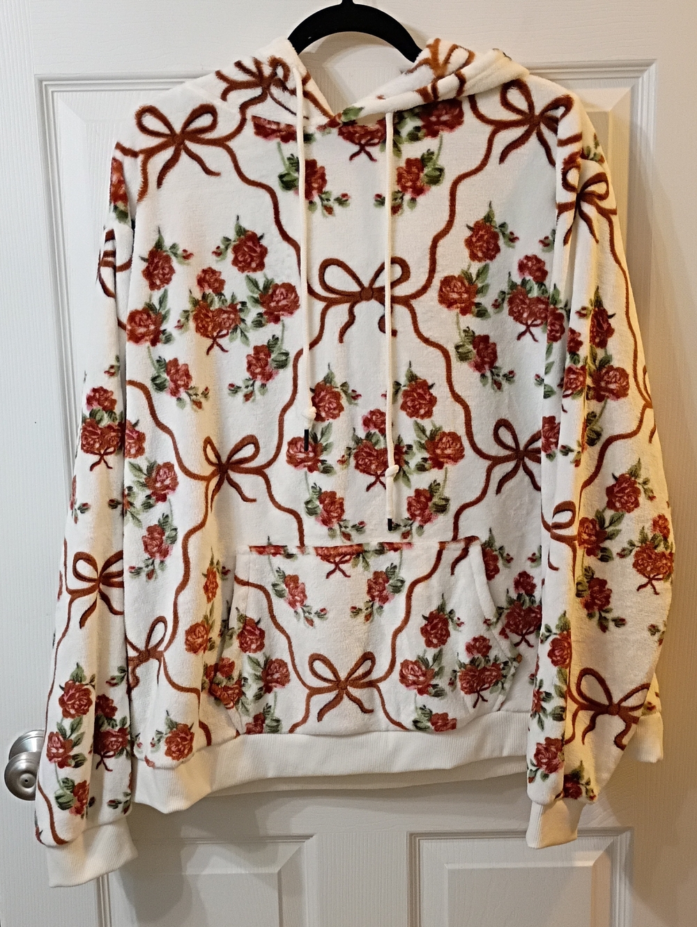 Floral Bow Print Hooded Sweatshirt - White with Red Roses
